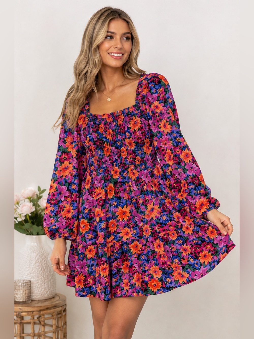✨ Entro Floral Smocked Long‎ Sleeve Mini Dress Size Small ✨